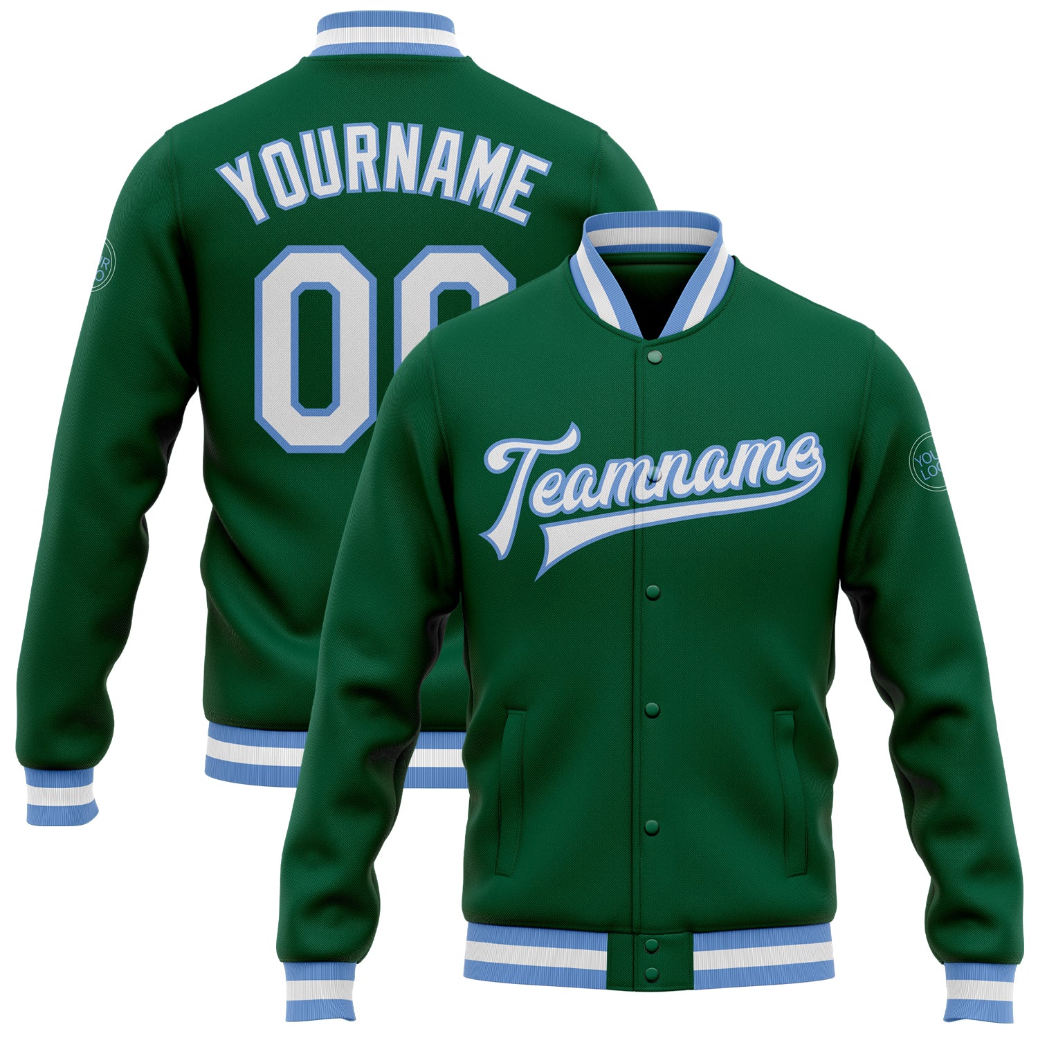 Custom Varsity Letterman Jacket in Kelly Green, White, Light Blue - Full-Snap Bomber Style Custom Kelly Green White-Light