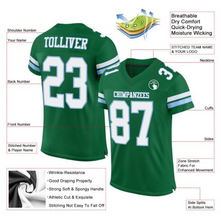 Custom Football Jersey - Kelly Green, White & Light Blue Mesh Authentic Design Custom Kelly Green White-Light Blue Mesh Authentic