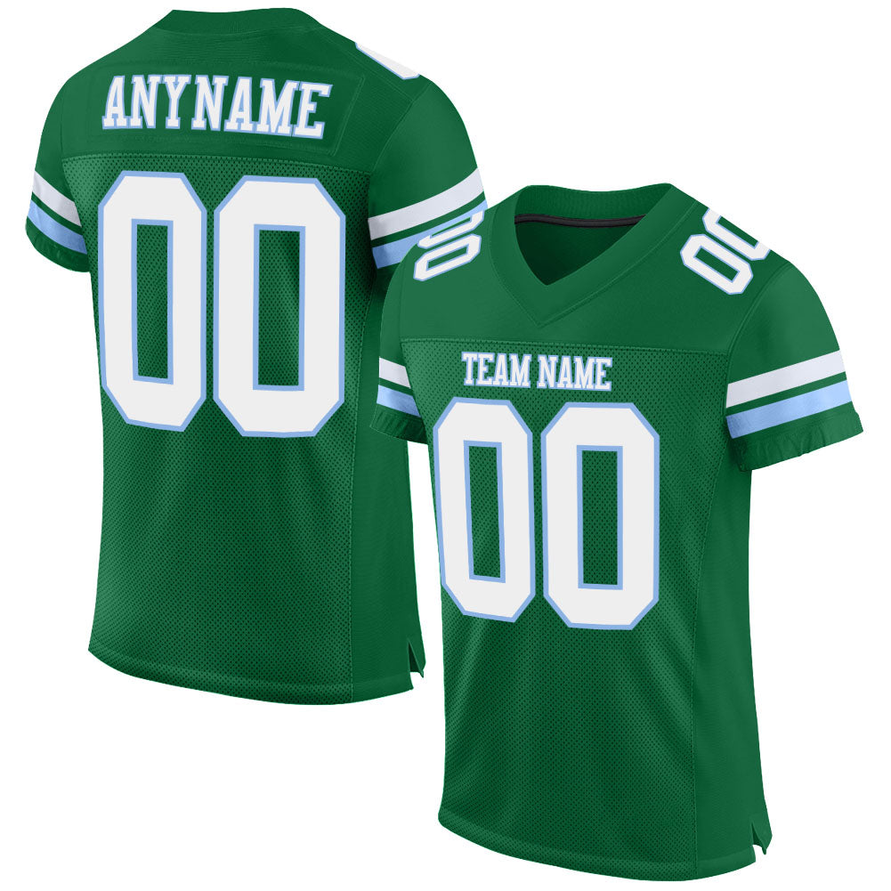 Custom Kelly Green White-Light Blue Mesh Authentic Football Jersey Custom Football Jersey - Kelly Green, White & Light Blue Mesh Authentic Design Custom Kelly Green White-Light Blue Mesh Authentic