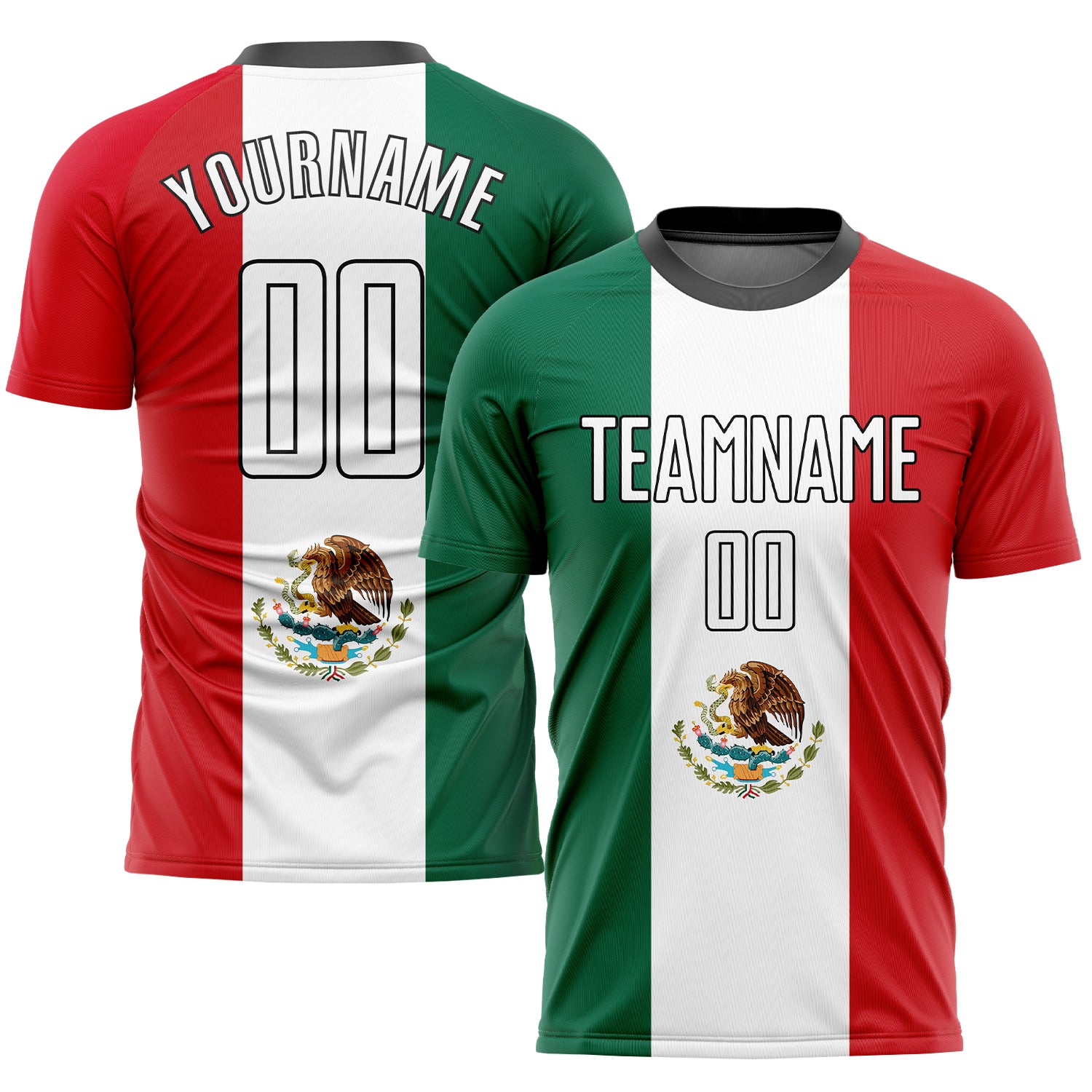 Custom Kelly Green White Red-Black Sublimation Mexican Flag Soccer Uniform Jersey Mexican Flag Sublimation Soccer Uniform Jersey in Kelly Green, White, Red, and Black Custom Kelly Green White Red-Black Sublimation