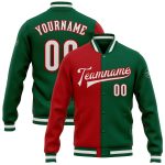 Kelly Green Varsity Letterman Bomber Jacket with White-Red Split Design, Custom Full-Snap Fashion Outerwear Custom Kelly