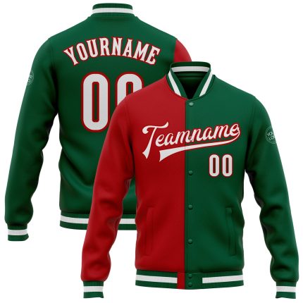 Kelly Green Varsity Letterman Bomber Jacket with White-Red Split Design, Custom Full-Snap Fashion Outerwear Custom Kelly