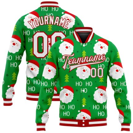 Custom Christmas 3D Bomber Varsity Letterman Jacket in Kelly Green and White-Red Custom Kelly Green White-Red Christmas 3D