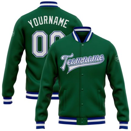 Custom Kelly Green Royal Bomber Varsity Letterman Jacket Full-Snap Style Custom Kelly Green White-Royal Bomber Full-Snap