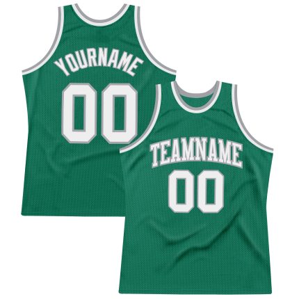 Custom Authentic Throwback Basketball Jersey in Kelly Green White-Silver Gray Custom Kelly Green White-Silver Gray Authentic