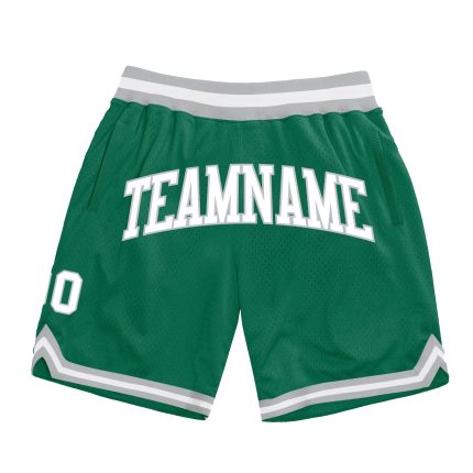 Custom Authentic Basketball Shorts in Kelly Green, White, and Silver Gray - Throwback Style Custom Kelly Green White-Silver