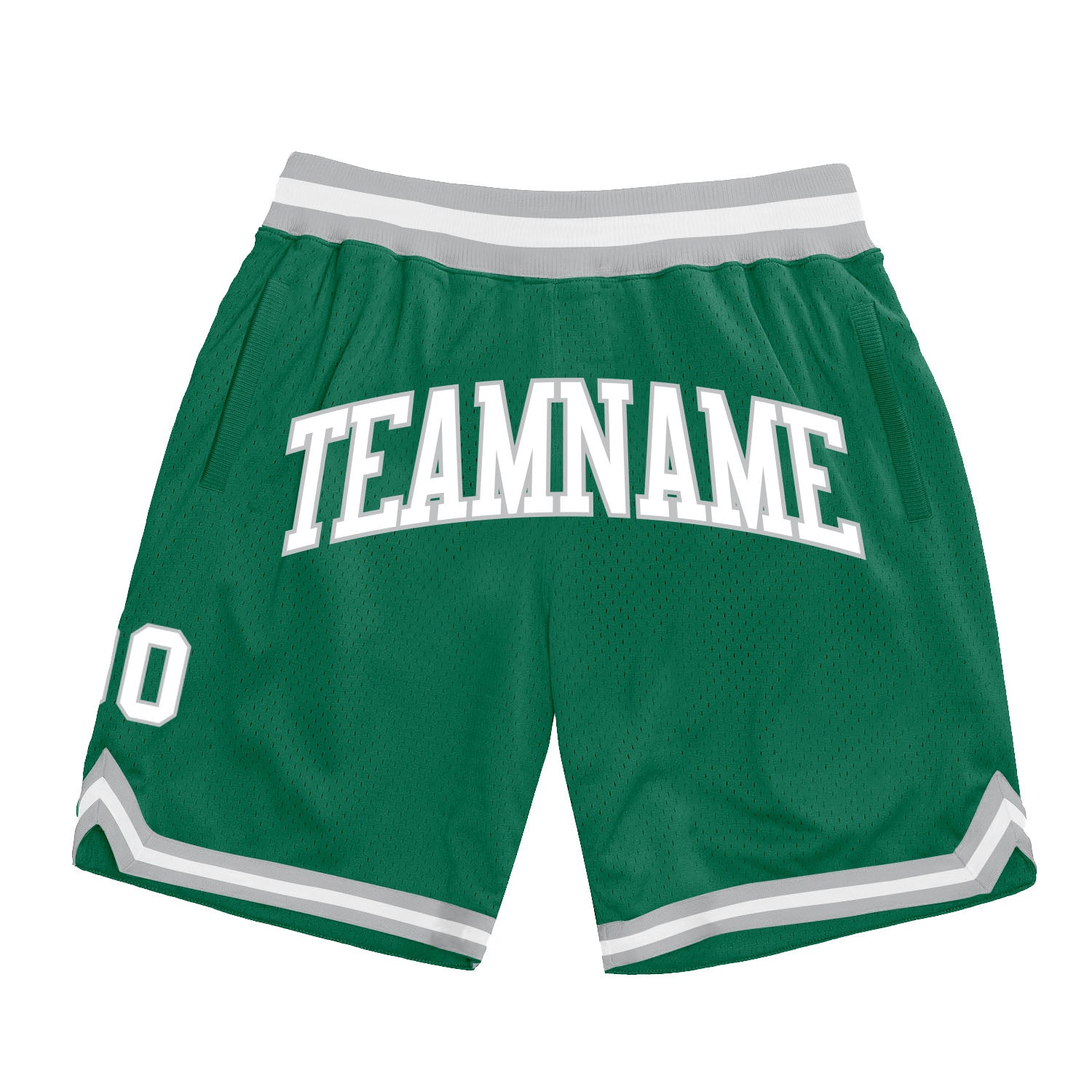 Custom Kelly Green White-Silver Gray Authentic Throwback Basketball Shorts Custom Authentic Basketball Shorts in Kelly Green, White, and Silver Gray - Throwback Style Custom Kelly Green White-Silver