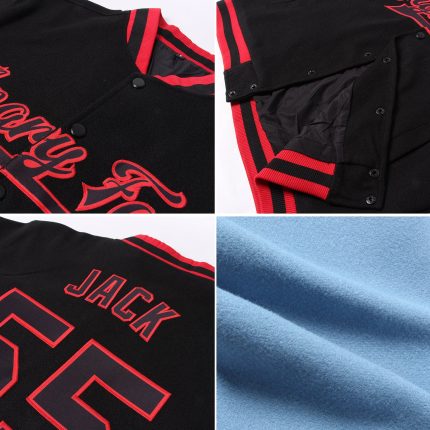 Light Blue Varsity Letterman Jacket Black Cream Custom Full-Snap Bomber Custom Light Blue Black-Cream Bomber Full-Snap Varsity