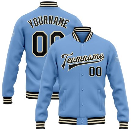 Light Blue Varsity Letterman Jacket Black Cream Custom Full-Snap Bomber Custom Light Blue Black-Cream Bomber Full-Snap Varsity