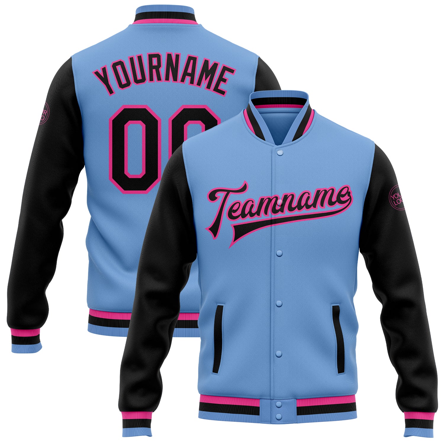 Light Blue Black Pink Varsity Letterman Bomber Jacket Full-Snap Two Tone Custom Design Custom Light Blue Black-Pink Bomber