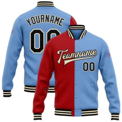 Light Blue Red Cream Split Bomber Varsity Letterman Full-Snap Jacket Custom Light Blue Black Red-Cream Bomber Full-Snap Varsity