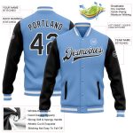 Light Blue Varsity Letterman Jacket Two Tone Black White Full-Snap Bomber Style Custom Design Custom Light Blue Black-White