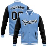 Light Blue Varsity Letterman Jacket Two Tone Black White Full-Snap Bomber Style Custom Design Custom Light Blue Black-White