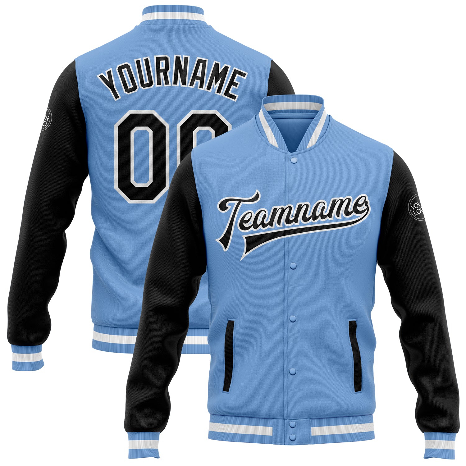Light Blue Varsity Letterman Jacket Two Tone Black White Full-Snap Bomber Style Custom Design Custom Light Blue Black-White