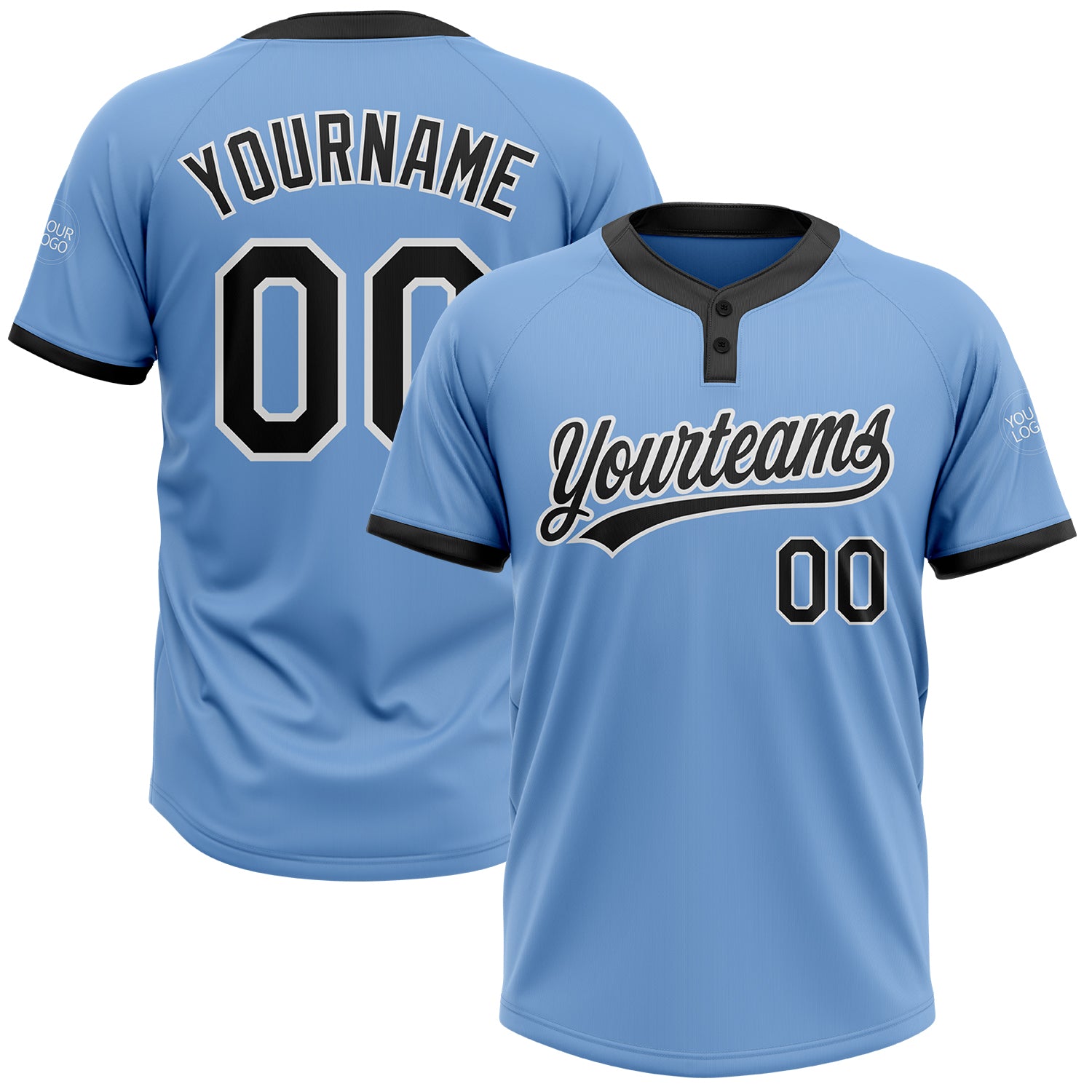Custom Light Blue Two-Button Unisex Softball Jersey - Black and White Design Custom Light Blue Black-White Two-Button Unisex