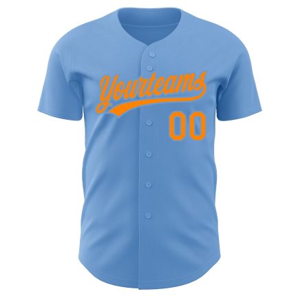 Light Blue Baseball Jersey with Blaze Orange Trim - Custom Authentic Design Custom Light Blue Blaze Orange Authentic Baseball