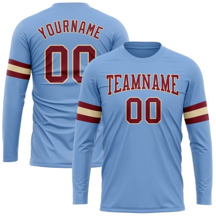 Light Blue Performance T-Shirt for Men & Women - Crimson-Cream Long Sleeve Top Custom Light Blue Crimson-Cream Long Sleeve