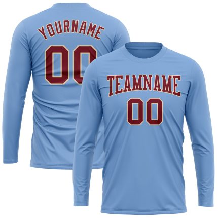 Light Blue Performance T-Shirt for Men & Women - Crimson-Cream Long Sleeve Top Custom Light Blue Crimson-Cream Long Sleeve