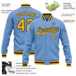 Custom Light Blue Varsity Letterman Bomber Jacket Gold-Black Full-Snap Custom Light Blue Gold-Black Bomber Full-Snap Varsity