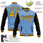Custom light blue, gold and black two-tone varsity letterman jacket, detail of the printed panel
