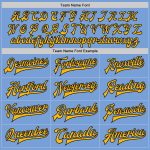 Custom light blue, gold and black two-tone varsity letterman jacket, side view