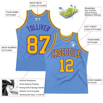 Authentic Throwback Basketball Jersey Custom Light Blue Gold-Purple Design Custom Light Blue Gold-Purple Authentic Throwback