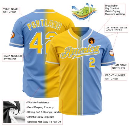 Light Blue Gold White Fade Authentic Baseball Jersey - Custom Fashion Jersey Custom Light Blue Gold-White Authentic Fade