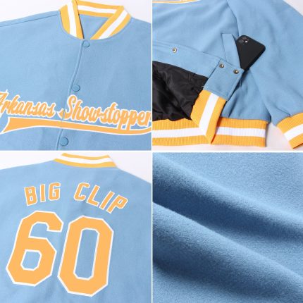Light Blue Varsity Letterman Jacket Gold-White Full-Snap Custom Bomber Custom Light Blue Gold-White Bomber Full-Snap Varsity