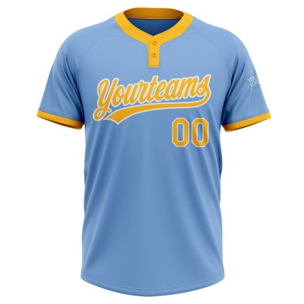 Light Blue Gold-White Unisex Softball Jersey - Custom Two-Button Design Custom Light Blue Gold-White Two-Button Unisex Softball