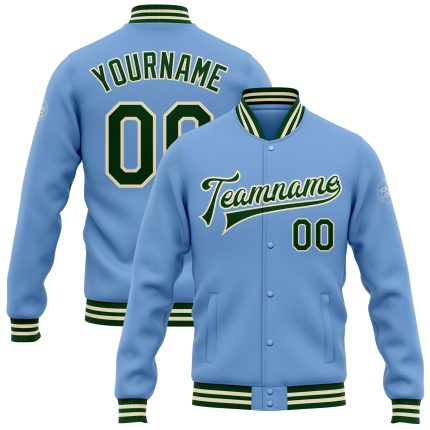 Light Blue Green Cream Varsity Letterman Bomber Jacket Custom Full-Snap Custom Light Blue Green-Cream Bomber Full-Snap Varsity