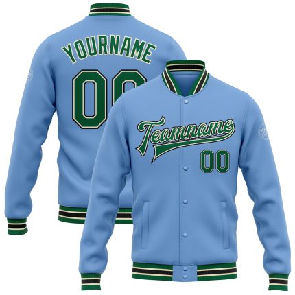 Light Blue Kelly Green Cream Black Varsity Letterman Bomber Snap Jacket Custom Light Blue Kelly Green Cream-Black Bomber