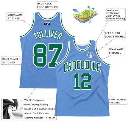 Custom Light Blue Green White Throwback Basketball Jersey - Authentic Retro Style Custom Light Blue Kelly Green-White Authentic