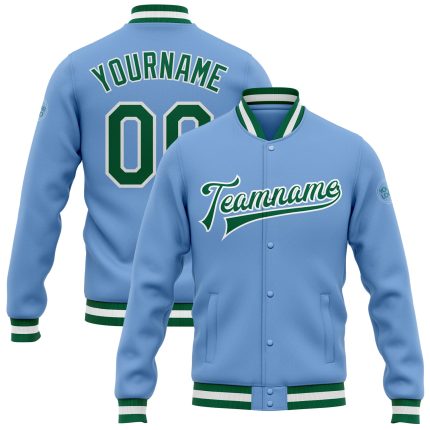 Custom Light Blue Kelly Green White Varsity Bomber Full-Snap Letterman Jacket Custom Light Blue Kelly Green-White Bomber