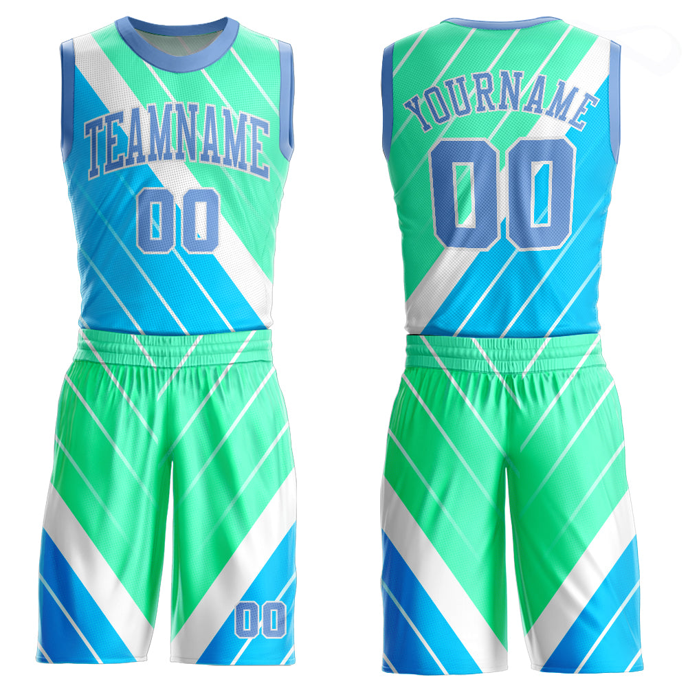 Custom Light Blue Light Blue-Green Round Neck Sublimation Basketball Suit Jersey Custom Light Blue Green Basketball Jersey Sublimation Round Neck Suit Custom Light Blue Light Blue-Green Round Neck Sublimation