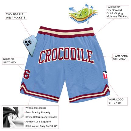 Custom Light Blue Maroon Cream Basketball Shorts - Authentic Throwback Style Custom Light Blue Maroon-Cream Authentic Throwback
