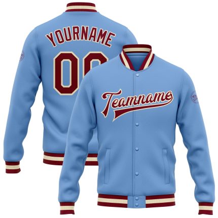 Light Blue Maroon Cream Varsity Letterman Jacket Custom Full-Snap Bomber Custom Light Blue Maroon-Cream Bomber Full-Snap