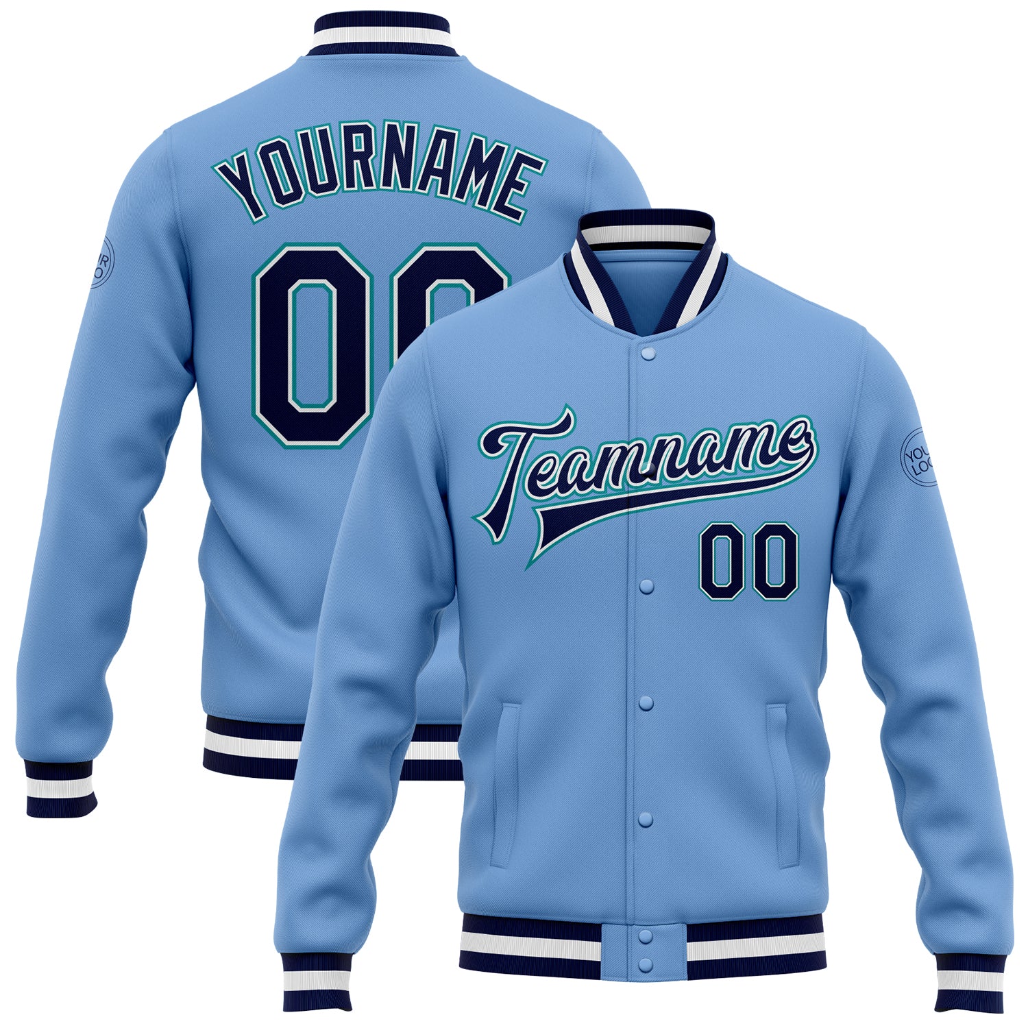 Light Blue Navy Aqua Bomber Varsity Letterman Jacket Custom Full-Snap Custom Light Blue Navy-Aqua Bomber Full-Snap Varsity