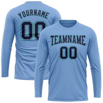 Light Blue Navy Gray Aqua Performance T-Shirt for Men Long Sleeve Custom Light Blue Navy Gray-Aqua Long Sleeve Performance