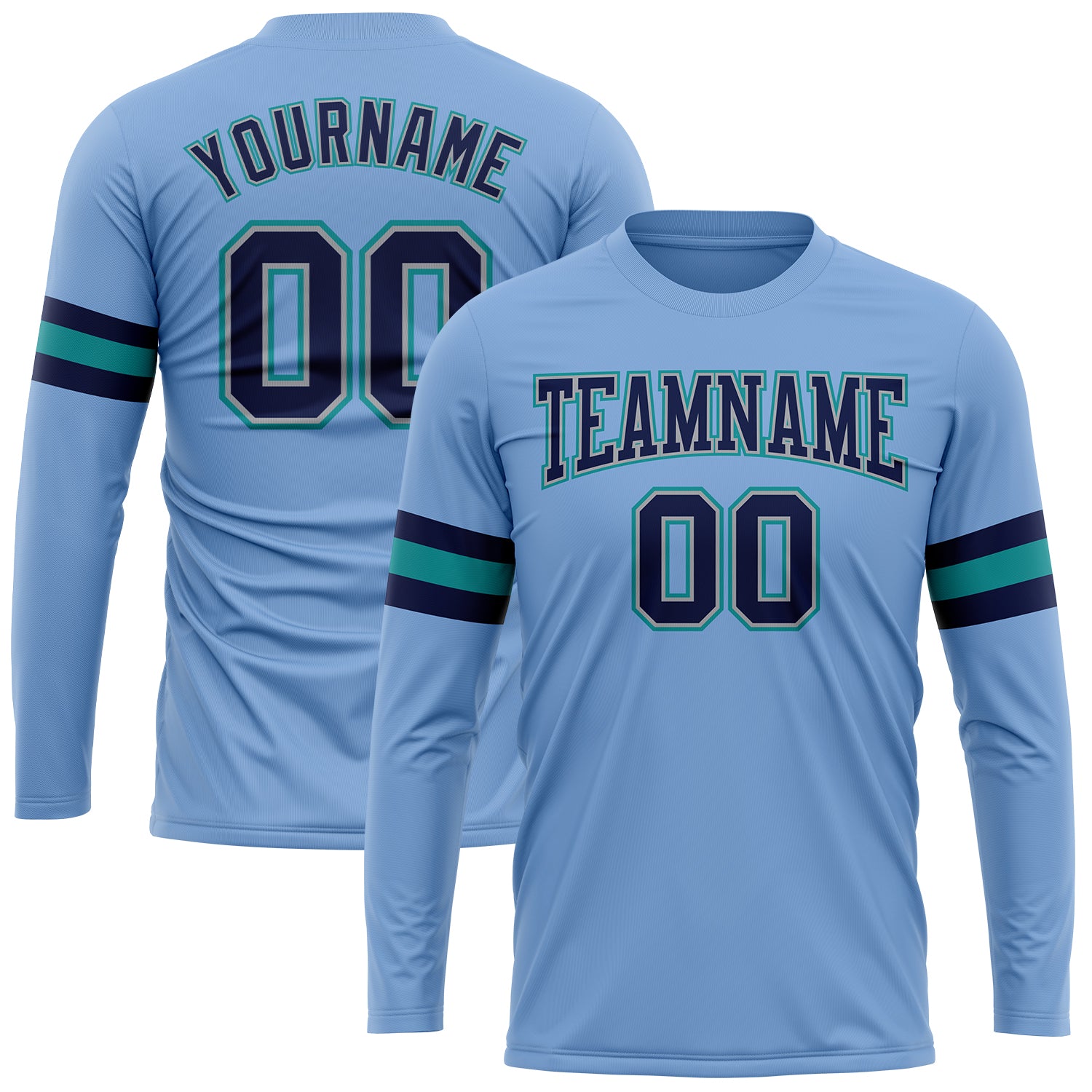 Light Blue Navy Gray Aqua Performance T-Shirt for Men Long Sleeve Custom Light Blue Navy Gray-Aqua Long Sleeve Performance