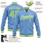 Light Blue and Neon Green Varsity Letterman Bomber Jacket - Custom Full-Snap Design Custom Light Blue Neon Green-White Bomber
