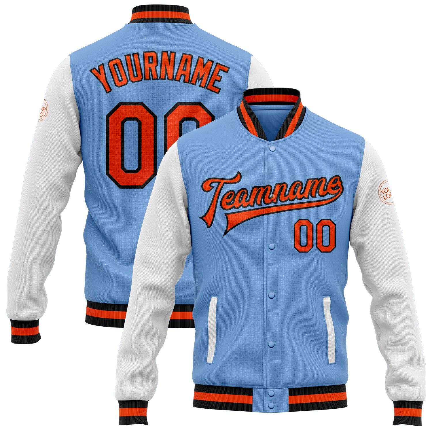Light Blue Orange Black Two Tone Varsity Letterman Bomber Full-Snap Jacket Custom Light Blue Orange-Black Bomber Full-Snap