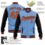 Custom Light Blue Orange Black Varsity Letterman Bomber Jacket Full-Snap Two Tone Style 3984 Custom Light Blue Orange-Black