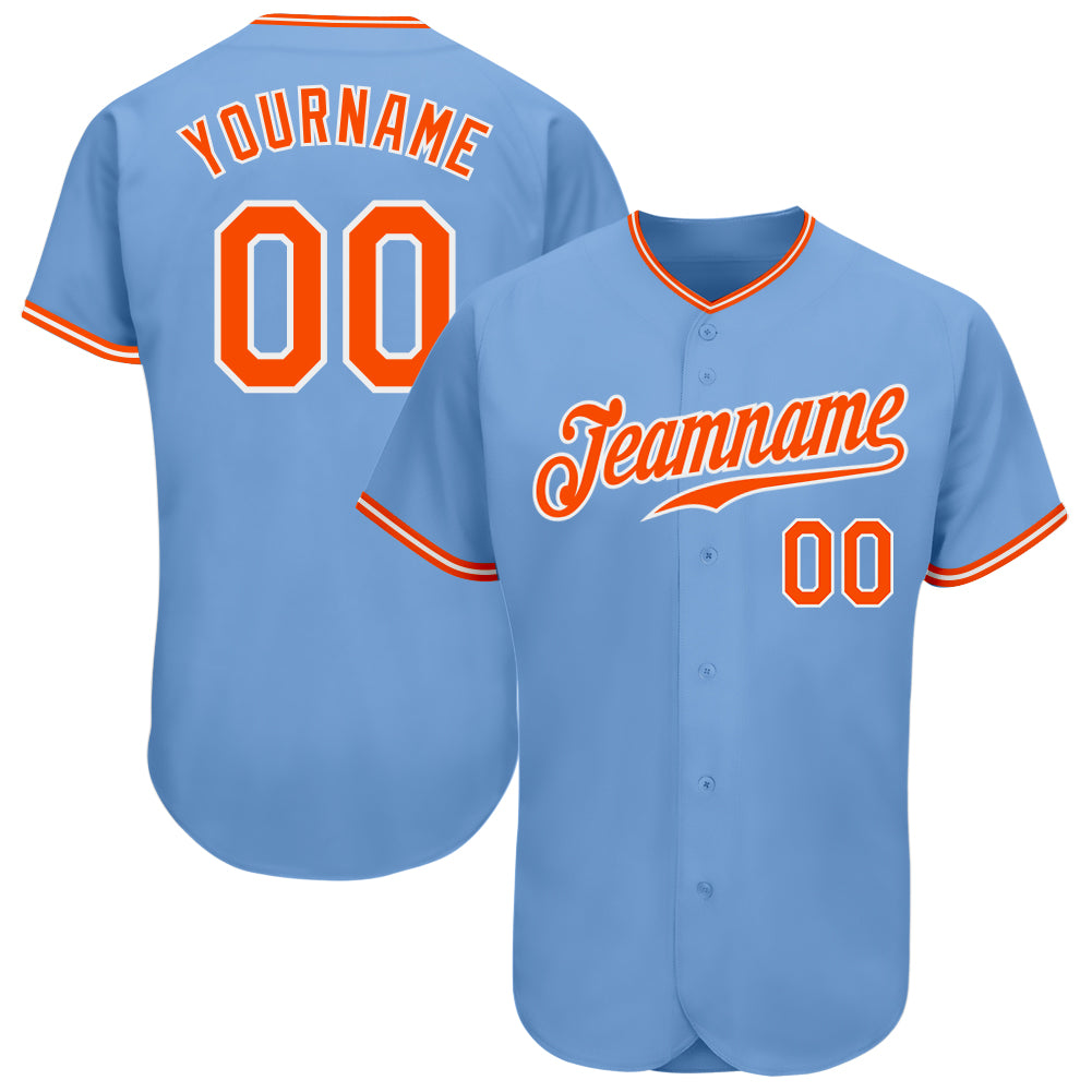 Custom Light Blue Baseball Jersey - Authentic Orange and White Design Custom Light Blue Orange-White Authentic Baseball Jersey