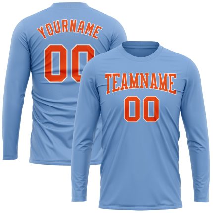 Light Blue Performance T-Shirt for Men & Women, Long Sleeve with Orange-White Design Custom Light Blue Orange-White Long