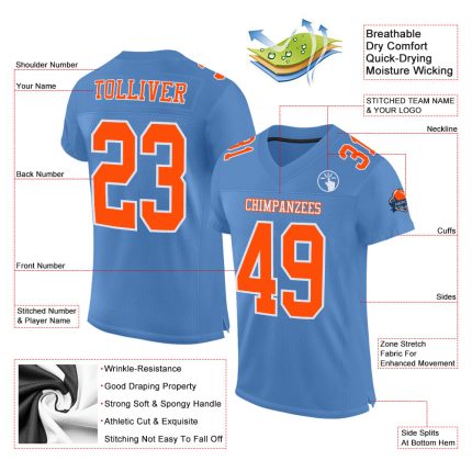 Custom Light Blue Orange White Mesh Football Jersey - Authentic Team Apparel Custom Light Blue Orange-White Mesh Authentic