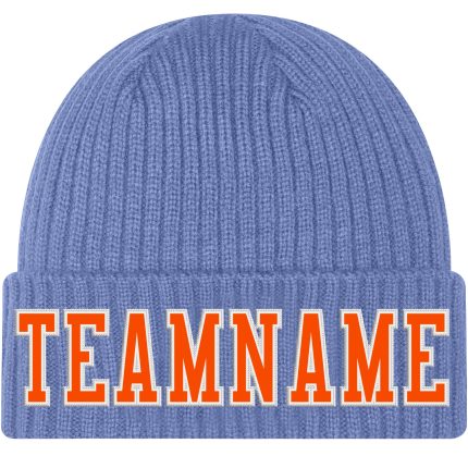 Custom Light Blue Knit Hat with Orange-White Stitching - Cuffed Beanie Custom Light Blue Orange-White Stitched Cuffed Knit