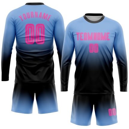 Custom Soccer Uniform Jersey - Light Blue Pink Black Sublimation Long Sleeve Fade Fashion Custom Light Blue Pink-Black Sublimation