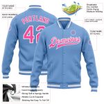 Custom Bomber Varsity Letterman Jacket Light Blue Pink White Full Snap Style 9215 Custom Light Blue Pink-White Bomber Full-Snap