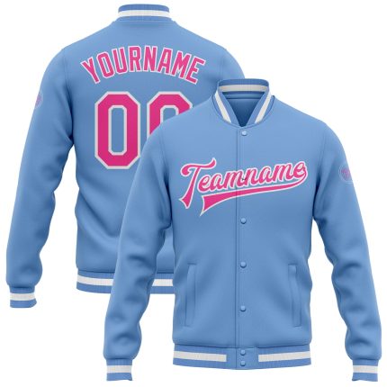 Custom Bomber Varsity Letterman Jacket Light Blue Pink White Full Snap Style 9215 Custom Light Blue Pink-White Bomber Full-Snap