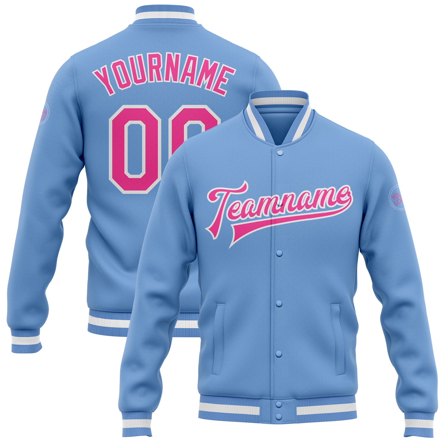 Custom Bomber Varsity Letterman Jacket Light Blue Pink White Full Snap Style 9215 Custom Light Blue Pink-White Bomber Full-Snap
